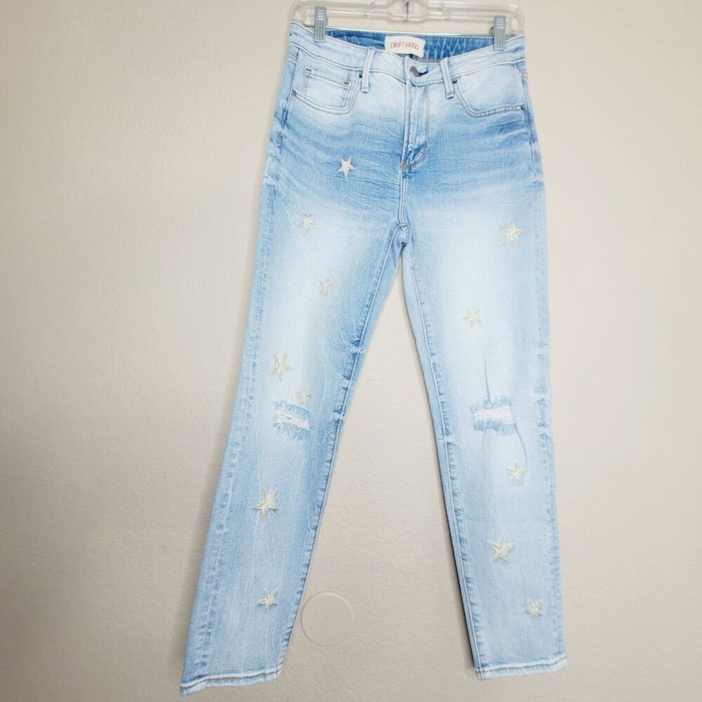 Driftwood Jeans 25 Womens Gizelle Skinny Crop Star Embroidered Distressed